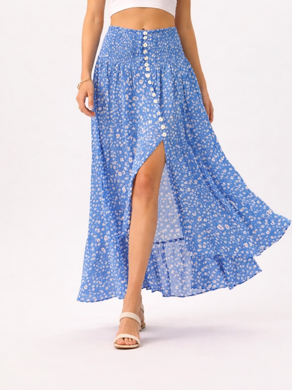 Tiara Hawaii Blue Floral Maxi Skirt O/S Boho Slit Button Front Rayon